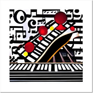 An Image Of A Keyboard At The Front and Music Notation Behind Posters and Art